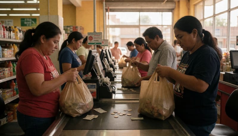 Clientes realizando transacciones en las cajas de un supermercado con donativo voluntario