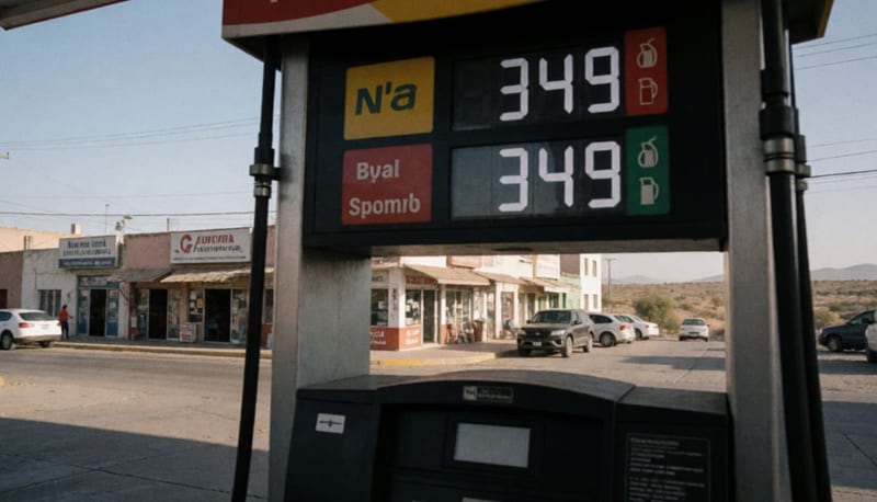 Surtidores de gasolina en una gasolinera de Chihuahua con panorama de comercios al fondo