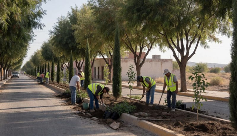 Trabajadores plantando árboles en el camellón central de una avenida bajo el sol del desierto