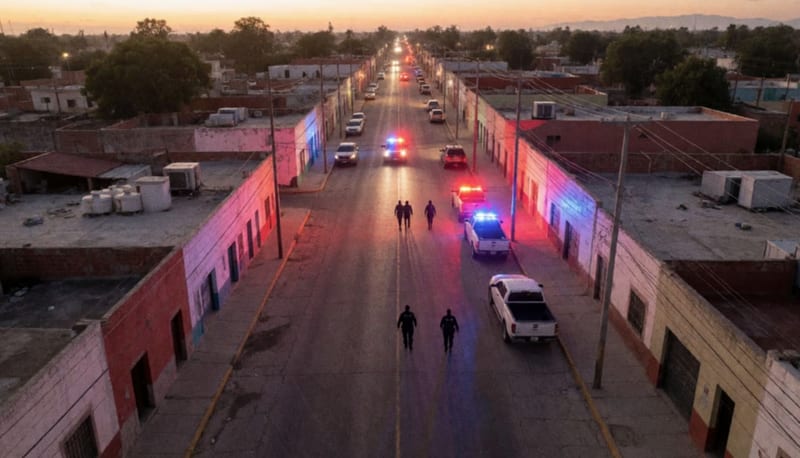Vista aérea de una avenida al atardecer bañada por luces rojas y azules, con oficiales lejanos junto a camionetas estacionadas