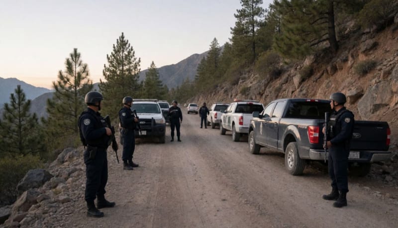 Elementos de seguridad en posición en una carretera de montaña en la Sierra Tarahumara