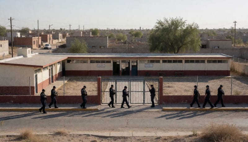 Elementos de seguridad realizando vigilancia preventiva alrededor de un plantel escolar en zona residencial