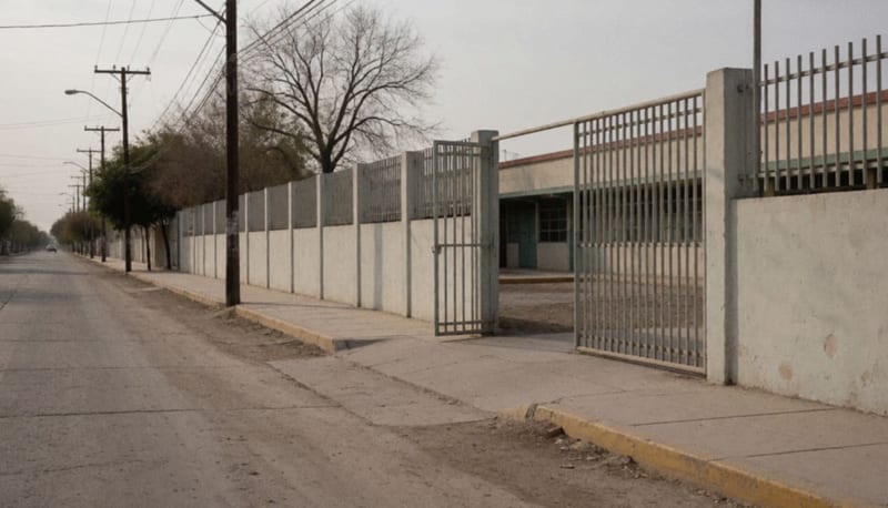Banqueta y portón abierto en el exterior de una escuela secundaria, sin personas