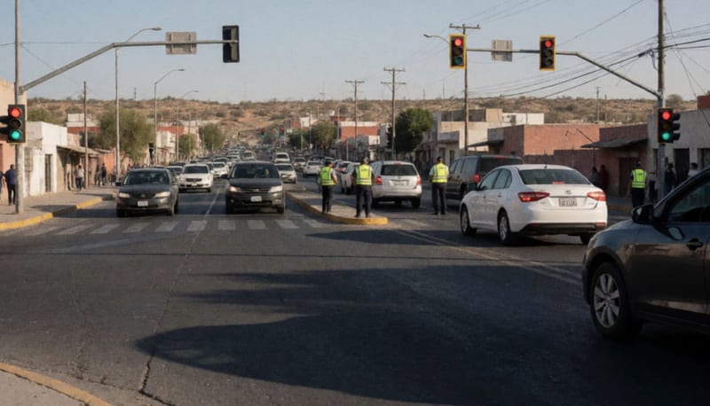 Agentes de tránsito en una vialidad transitada de Cuauhtémoc durante la hora pico de la mañana