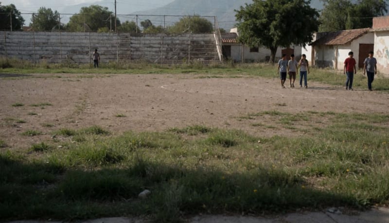 Campo deportivo con áreas deterioradas, pastos descuidados y estructuras dañadas en sus alrededores