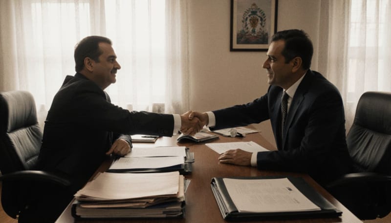 Dos funcionarios en traje de negocios estrechando manos durante reunión en oficina municipal