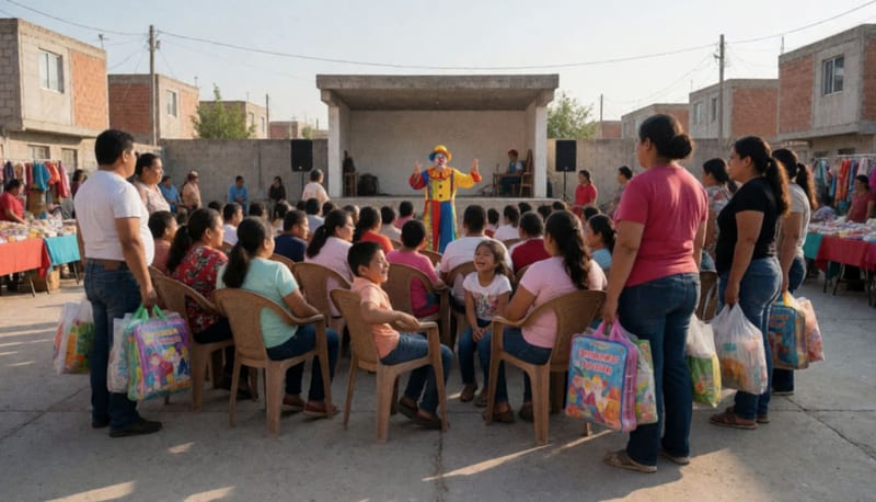 Familias sentadas alrededor de un escenario donde un payaso realiza su acto, con niños y adultos disfrutando de la tarde comunitaria