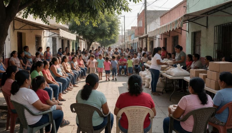 Familias reunidas en una plaza de la colonia recibiendo productos subsidiados durante la jornada de atención ciudadana