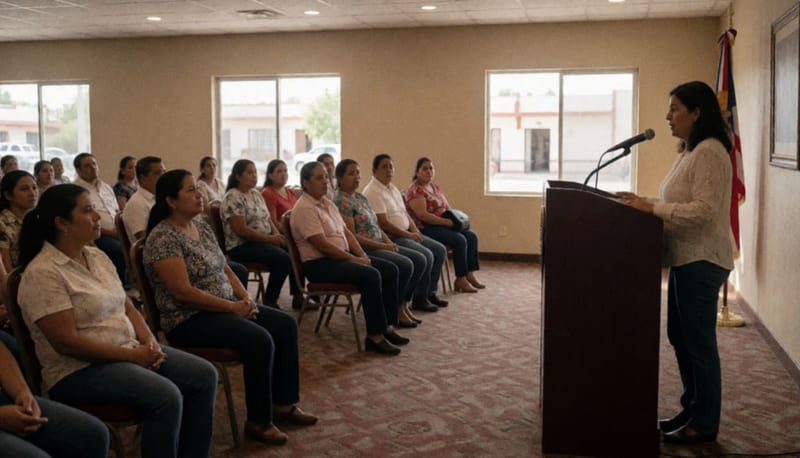 Mujer de pie ante un podio en salón de hotel durante presentación ante ciudadanos