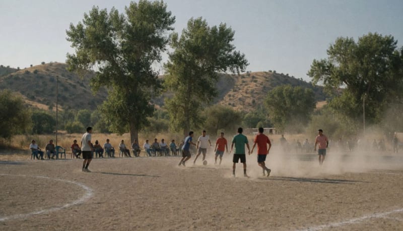 Partido de futbol amateur en una cancha de tierra con espectadores en sillas de plástico y cerros secos al fondo