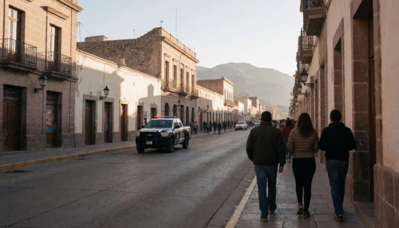 Calle del centro histórico de Parral con una patrulla a lo lejos y peatones de espaldas