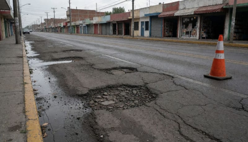 Calle dañada con hundimientos en el pavimento tras intensas lluvias en Ciudad Juárez