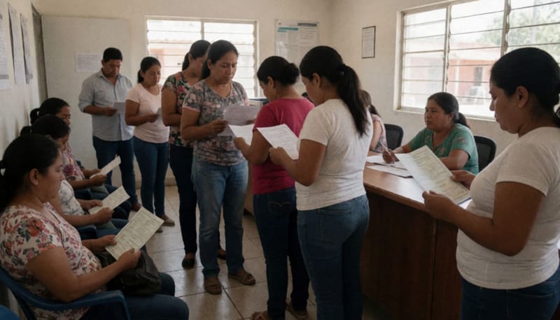 Personas aguardando su turno en una oficina del Registro Civil con documentos en las manos