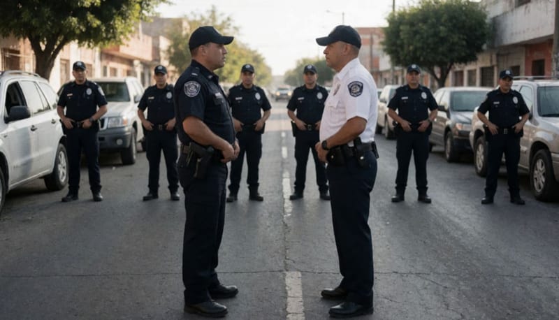 Dos policías de diferentes corporaciones en una calle de Chihuahua durante un enfrentamiento verbal
