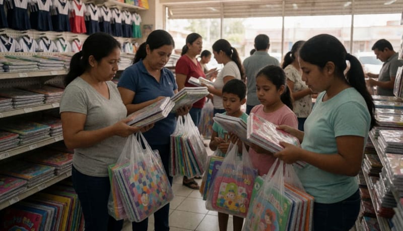 Familias comprando útiles escolares en una tienda abarrotada, con padres e hijos revisando artículos y presupuestos