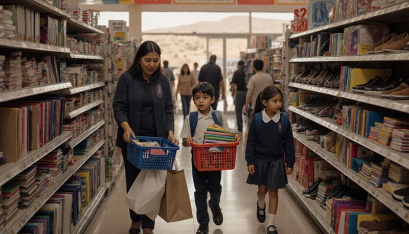 Padres de familia comprando útiles escolares en una tienda de papelería durante la temporada de regreso a clases
