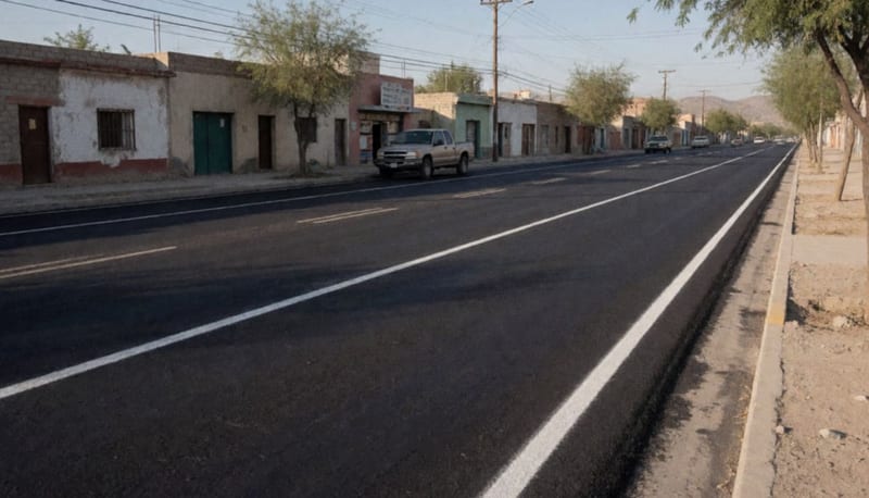 Avenida recientemente pavimentada con señalamientos viales nuevos en zona urbana de Delicias