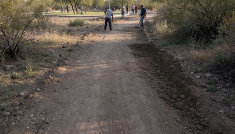 Trabajadores realizando labores de mantenimiento en el andador de tierra de la Ciudad Infantil