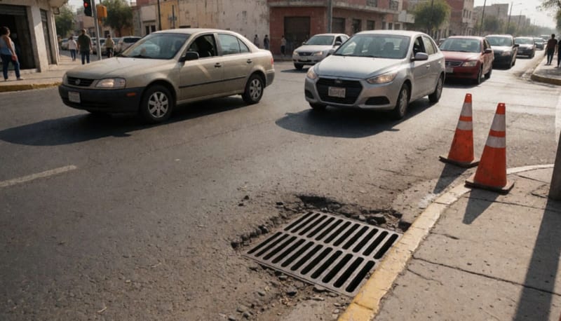 Rejilla metálica levantada sobre el asfalto de un cruce urbano mientras autos reducen la velocidad bajo el sol de la tarde