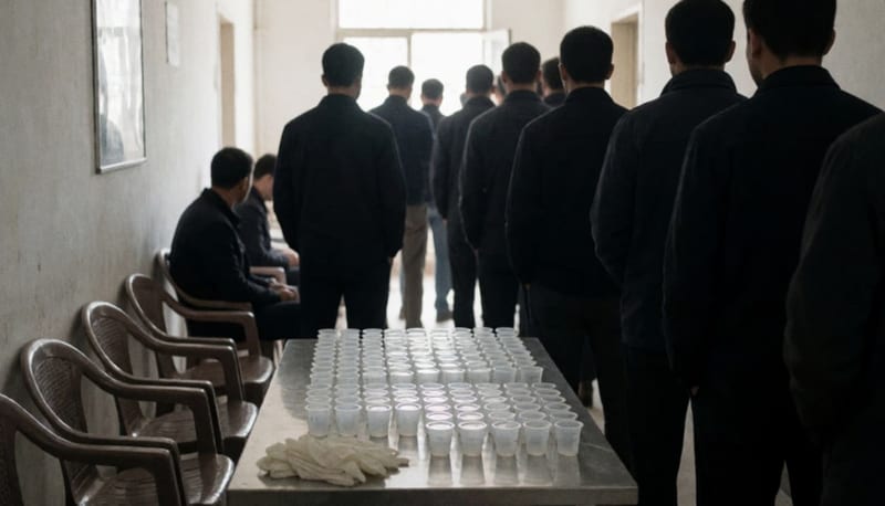 Fila de hombres vistos de espaldas en un pasillo de clínica con vasos de muestra sobre una mesa metálica