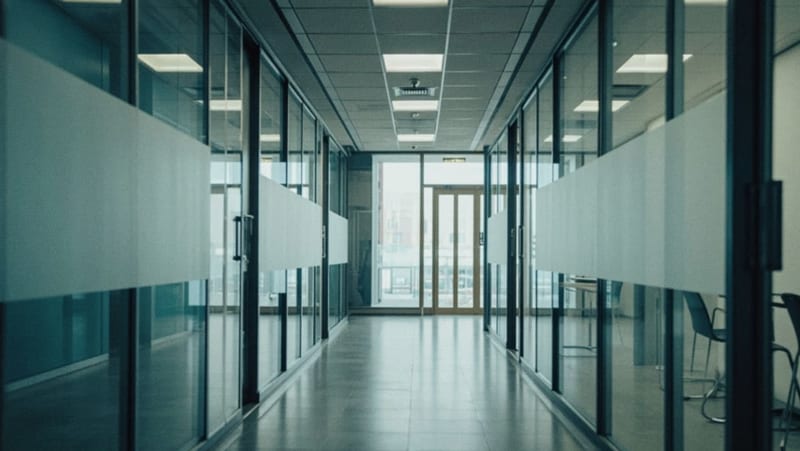 Pasillo de oficinas vacío en un edificio administrativo de organismo internacional