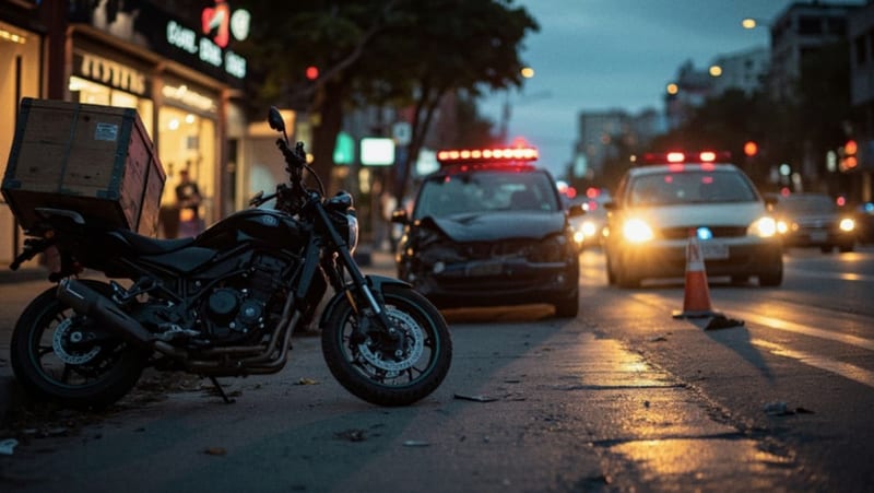 Motocicleta de repartidor dañada en la avenida tras colisión con automóvil