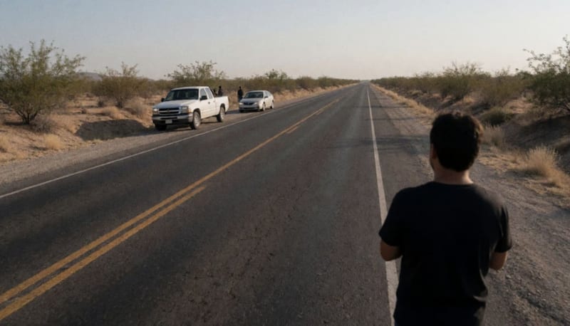 Carretera de dos carriles en zona desértica con vehículos detenidos en el acotamiento