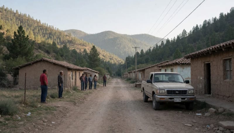 Camioneta con vidrios rotos junto a casas de adobe en una comunidad serrana, con pobladores a lo lejos y cerros boscosos al fondo