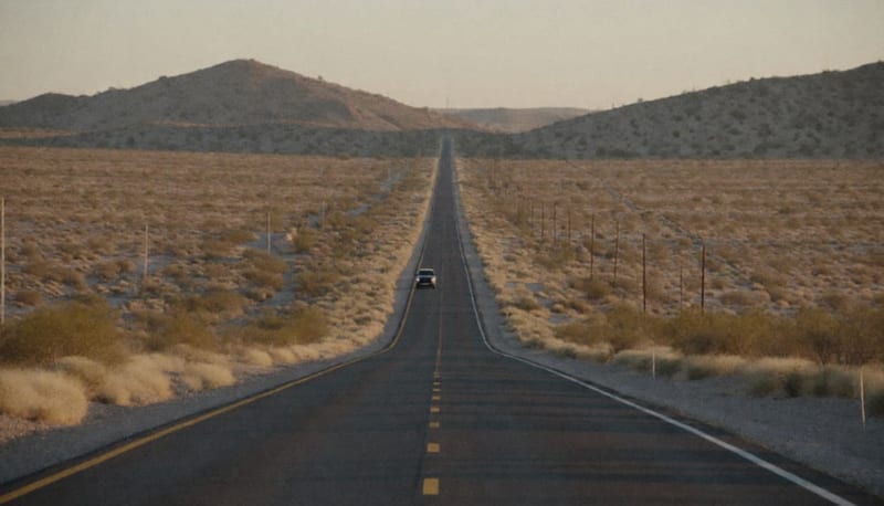 Carretera desértica vacía al atardecer con una camioneta a lo lejos