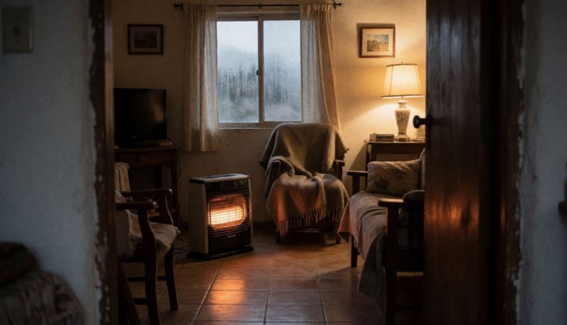 Calentón de gas encendido sobre el piso de una sala con una cobija sobre una silla de madera en una tarde fría