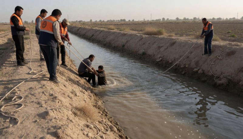 Rescatistas sacando a una persona atrapada en un canal de riego con acumulación de lodo en sus orillas