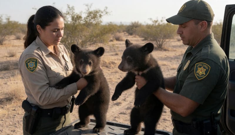 Agentes estatales manipulan a dos oseznas de oso negro aseguradas en un operativo en El Oasis, Ojinaga