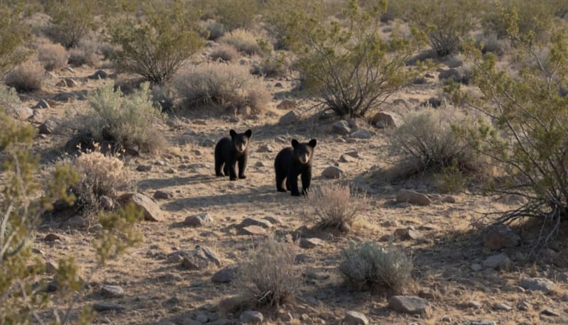 Dos osezos negros en un terreno árido y desértico del norte de Chihuahua