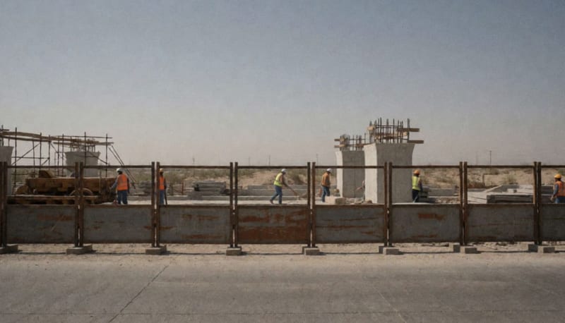 Puente en reconstrucción con equipo de trabajo y barreras de protección en la Calzada Belisario Chávez