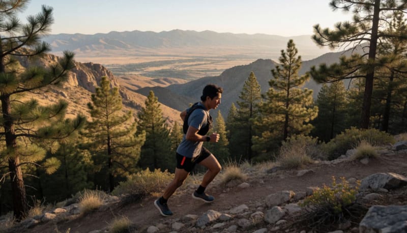 Corredor tarahumara en movimiento sobre sendero montañoso al amanecer con bosque de pinos de fondo