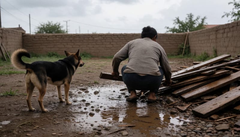 Persona de espaldas retira madera mojada y escombros de un patio húmedo mientras un perro la observa cerca