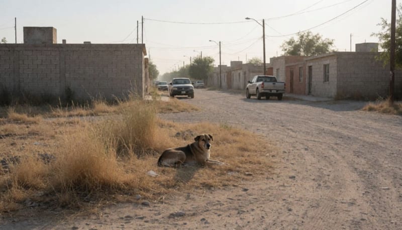 Perro callejero descansa en un terreno baldío con pasto seco entre casas bajas de una colonia del norte de México
