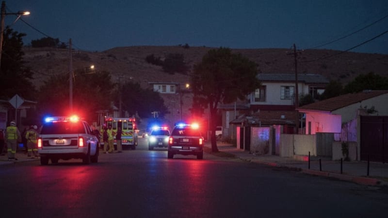 Patrullas con luces encendidas en una calle residencial de Camargo al atardecer