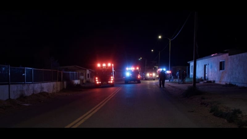Calle residencial en el norte de México con luces de emergencia iluminando viviendas durante la noche