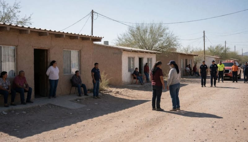 Dos personas lesionadas frente a viviendas en una colonia residencial del norte de México, con paramédicos al fondo