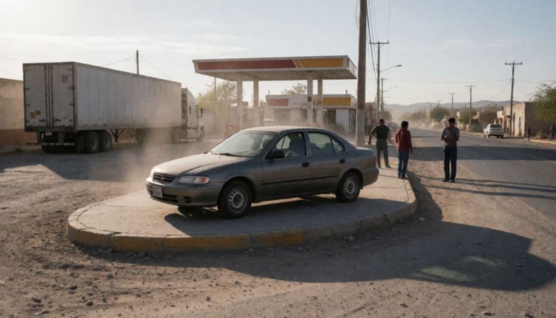 Sedán gris detenido sobre la guarnición de una isla de gasolinera frente a un tráiler estacionado, con personas observando a distancia