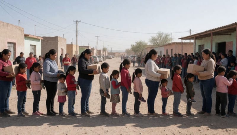 Niños y adultos reunidos en el patio de una institución comunitaria durante la entrega de calzado