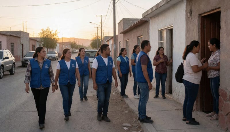 Voluntarios con chalecos azules recorriendo calles residenciales y visitando viviendas en una comunidad del norte de México