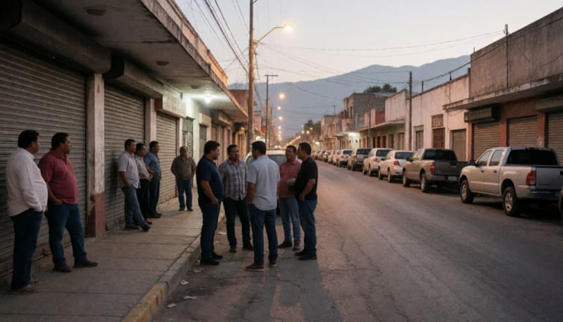Comerciantes conversando en la banqueta de una calle comercial al atardecer con camionetas estacionadas y cerros al fondo