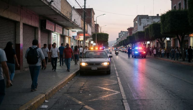 Avenida del centro de una ciudad del norte al anochecer con un auto estacionado y luces rojas y azules reflejadas en el pavimento