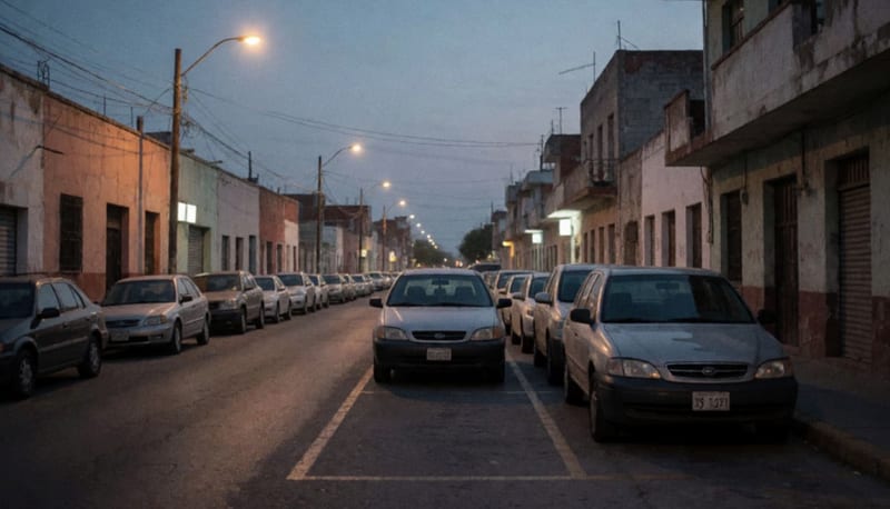 Vehículos estacionados en una calle de una ciudad de Chihuahua al anochecer