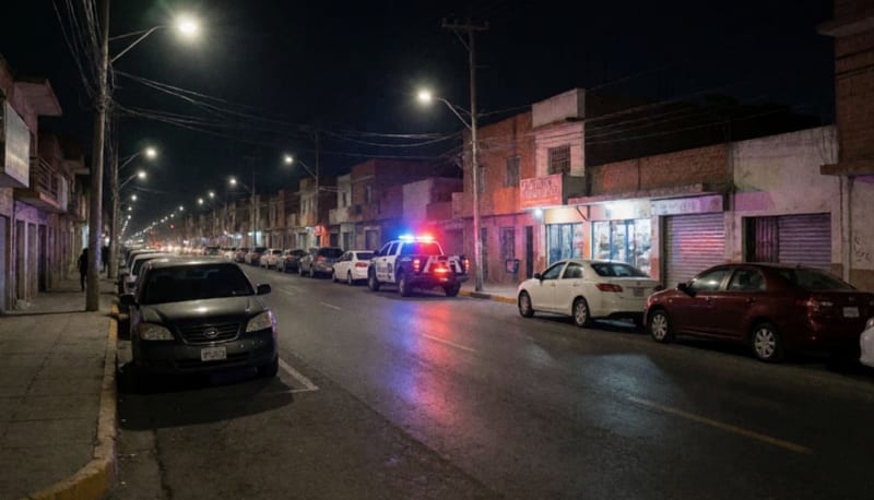 Patrulla con luces encendidas en una avenida nocturna de la ciudad con autos estacionados