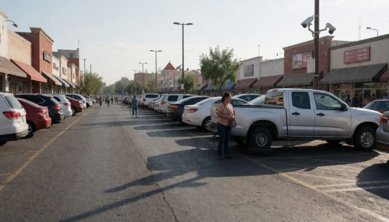 Estacionamiento de plaza comercial con camioneta pick-up y mujer junto a vehículo en estacionamiento