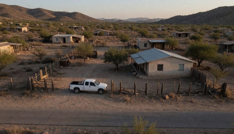 Casa de campo en zona rural con ventana dañada y camioneta blanca estacionada en el terreno