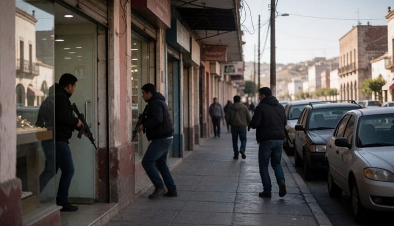 Calle del centro de Chihuahua con fachadas comerciales y escena de delito en progreso en tienda de joyería